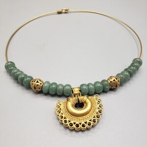 Jade Green & Gold Frame Choker Crescent Moon Filigree Pre-Columbian Reproduction